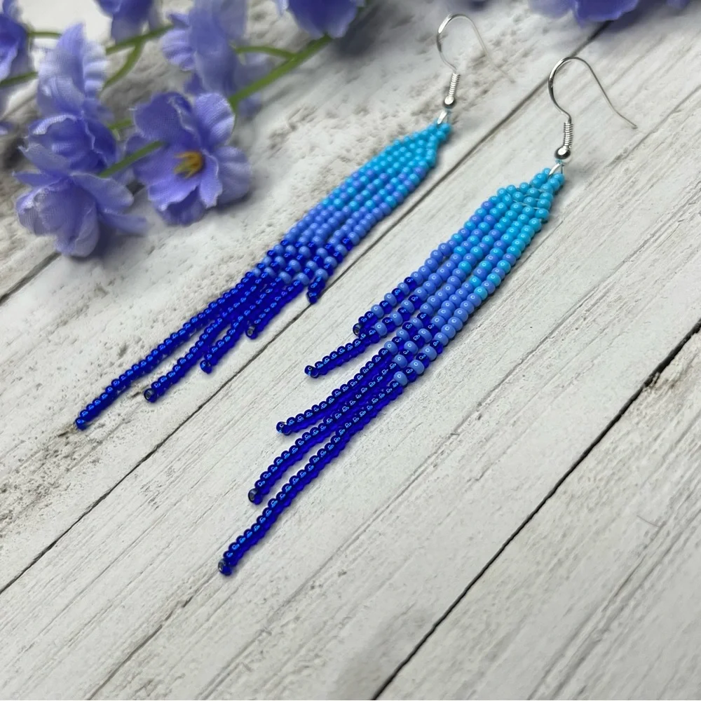 Sapphire Blue‎ Seed Beaded Earrings 3.5 inches Long Stainless Steel Ear Hook